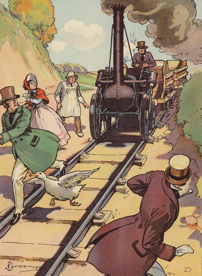 Een vroege locomotief (kleur litho) door Joseph Greenup