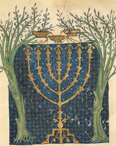 Verlichting van een menora, uit de Joodse Cervera Bijbel, 1299 door Joseph Ha Zarefati