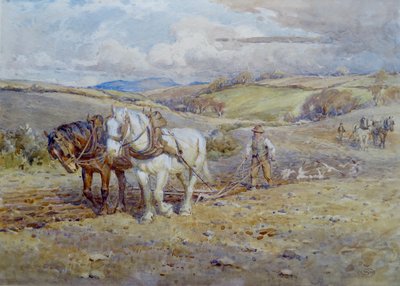 Zware paarden ploegen op de Downs door Joseph Harold Swanwick