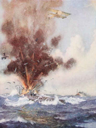 Squadron-Commandant A.W. Bigsworth valt een Duitse onderzeeër aan met bommen, die volloopt met water en zinkt bij Oostende door Joseph Harold Swanwick