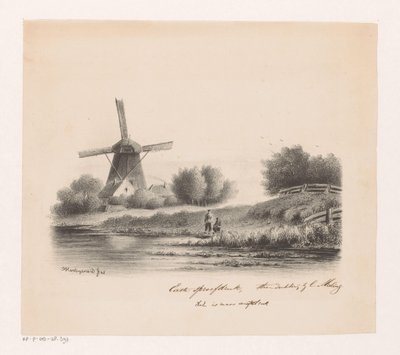 Landschap met molen en twee vissers door Joseph Hartogensis