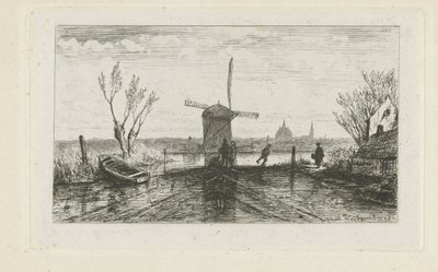 Schaatsenrijder bij een molen door Joseph Hartogensis