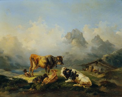 Alm met runderen door Joseph Heicke