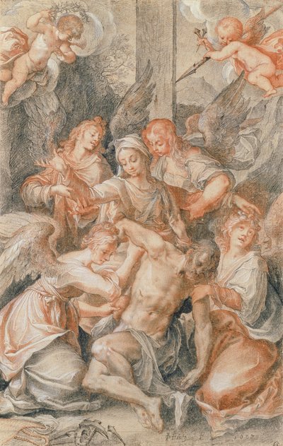 Pieta met engelen en putti door Joseph Heintz