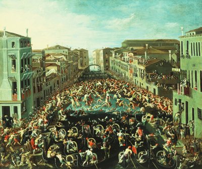 Het gevecht tussen de Nicolotti en de Castellani, op de Ponte dei Pugni, Venetië, 1673 door Joseph Heintz