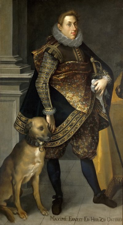 Aartshertog Maximiliaan Ernst van Oostenrijk 1583-1616 met een jachthond, 1604 door Joseph Heintz the Elder