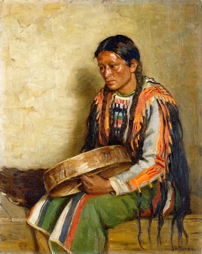 Indiaan met drum door Joseph Henry Sharp