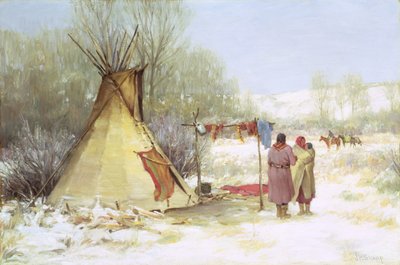Indianen keren terug naar een winterkamp door Joseph Henry Sharp