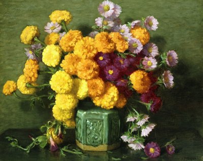 Goudsbloemen en asters in een Chinese vaas door Joseph Henry Sharp