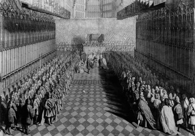 Prins Willem biedt zijn zwaard aan de Deken aan, bij het Altaar, de Ridders Staande onder hun Banieren, gepubliceerd in 1730, gegraveerd door J. Pine door Joseph Highmore