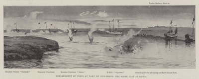 Bombardement van forten bij Taku door kanonneerboten, de scène net bij zonsopgang door Joseph Holland Tringham