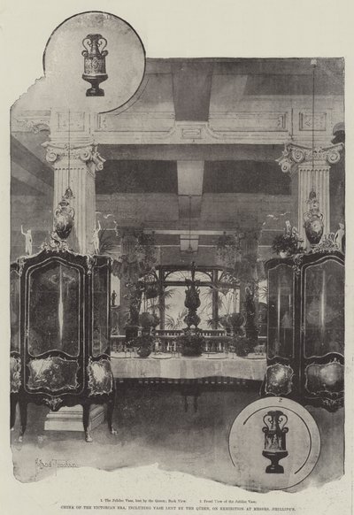 China uit het Victoriaanse tijdperk, inclusief vaas geleend door de koningin, tentoongesteld bij Messers Phillips door Joseph Holland Tringham