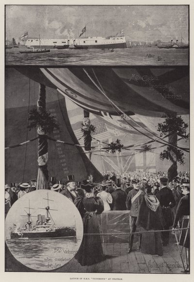Lancering van HMS Victorious in Chatham door Joseph Holland Tringham
