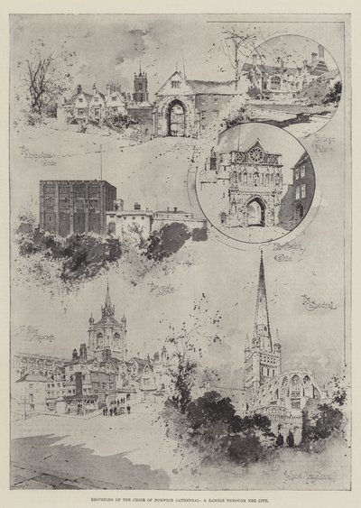 Heropening van het koor van de kathedraal van Norwich, een wandeling door de stad door Joseph Holland Tringham