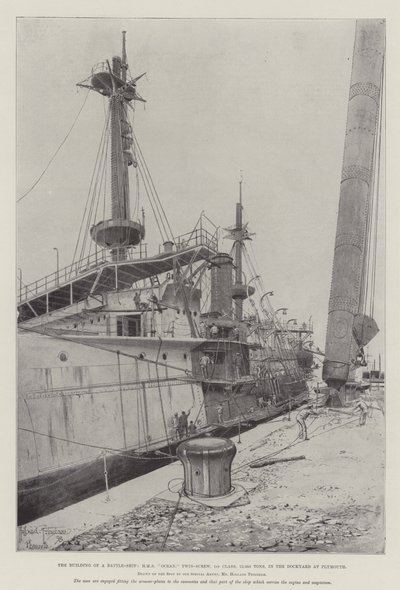 De Bouw van een Oorlogsschip, HMS Ocean, Tweeschroefs, 1e Klasse, 12.950 Ton, in de Werf in Plymouth door Joseph Holland Tringham