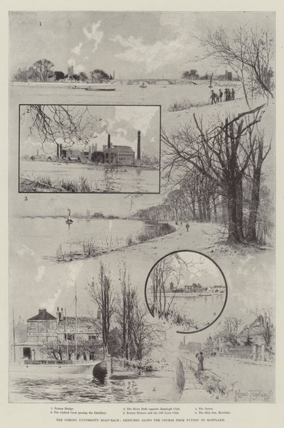 De Komende Universiteitsbootrace, Schetsen langs de Route van Putney naar Mortlake door Joseph Holland Tringham