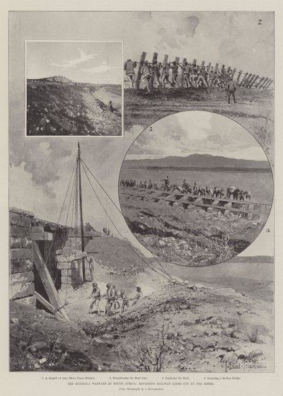 De guerrillaoorlog in Zuid-Afrika, reparatie van door de Boeren doorgesneden spoorlijnen door Joseph Holland Tringham