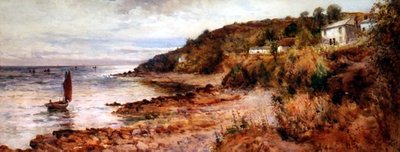 Vissersboten en huisjes in Cemaes Bay door Joseph Hughes Clayton
