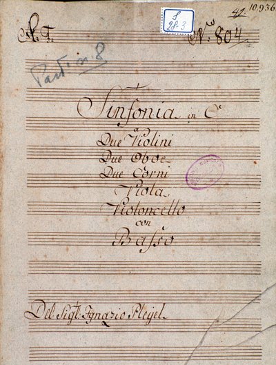Eerste pagina van de partituur van Symphony in C door Pleyel door Joseph Ignace Pleyel