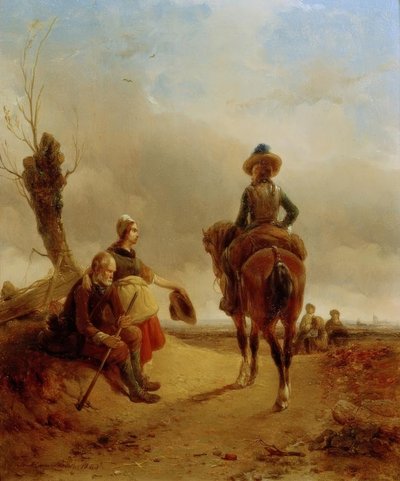 Landschap met barokke ruiterscène door Joseph Jodocus Moerenhout