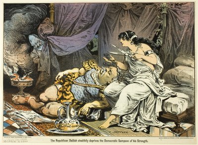 De Republikeinse Dalilah Stiekem de Democratische Sampson van zijn Kracht, van Puck door Joseph Keppler