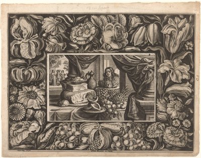 Stilleven van kaas en fruit met een ornamentrand door Joseph Kling