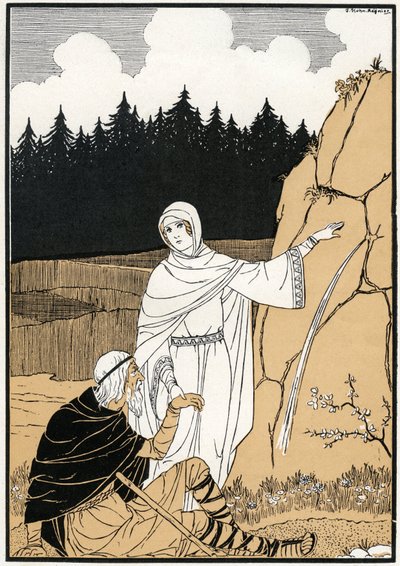La legende de Sainte Odile (Odile de Hohenbourg, ca. 662- ca. 720) die een bron uit de rots trekt - Illustratie door Joseph Kuhn Regnier (Kuhn-Regnier) (1873-1940) voor "Legendes et contes d