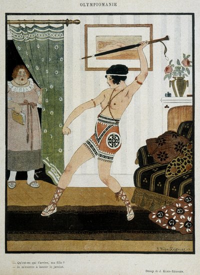 Jong meisje in antiek kostuum traint om speer te werpen met een paraplu. Fantasieposter die het enthousiasme van de Olympiaden illustreert. Tekening door J. Kuhn Regnier rond 1920. door Joseph Kuhn Regnier