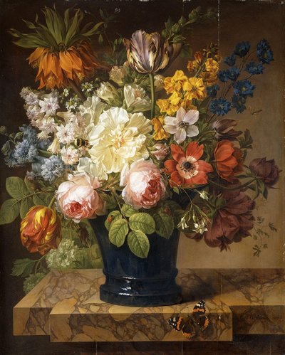Bloemen in een vaas op een marmeren richel met een rode admiraal, een hommel, twee kevers en een libel, 1807 door Joseph Laurent Malaine