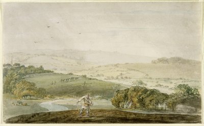 Een boer die zaait, met een rivierdal en glooiende heuvels op de achtergrond, ca. 1795 door Joseph Mallord William Turner