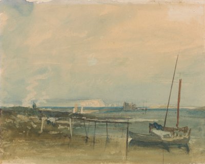 Kustscène met witte kliffen en boten aan de kust door Joseph Mallord William Turner