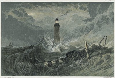 Eddystone vuurtoren, gebouwd op de Eddystone rots door de Engelse civiel ingenieur John Smeaton van 1757-1759. Chromolithografie naar een schilderij van JMW Turner door Joseph Mallord William Turner
