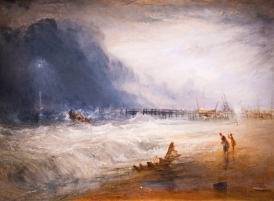 Reddingsboot en manby-apparaat gaan naar een gestrande boot door Joseph Mallord William Turner