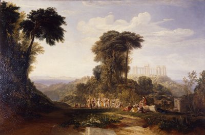Uitzicht op de Tempel van Jupiter Panellenius, op het eiland Aegina, met de Griekse nationale dans van de Romaika: de Akropolis van Athene in de verte door Joseph Mallord William Turner