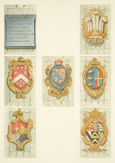 Wapenschilden op stenen preekstoel van de kathedraal van Bristol door Joseph Manning