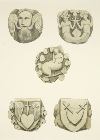 Vijf gewelfstenen in het plafond bij het binnengaan van de noorddeur van de kathedraal van Bristol door Joseph Manning