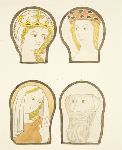 Vier hoofden in glas-in-loodramen ten zuiden van het koor in de kathedraal van Bristol door Joseph Manning