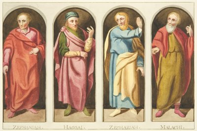 Vier kleine profeten geschilderd aan de westkant van het scherm dat het schip van het koor van de kathedraal van Bristol scheidt door Joseph Manning