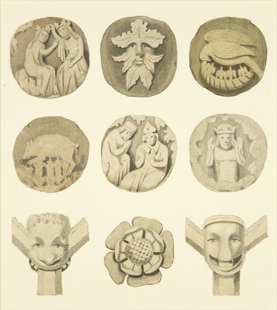 Gewelfstenen (kraagstenen) in het plafond van de Redcliffe-kerk door Joseph Manning