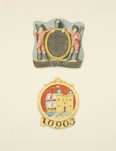 Huisbadges of brandmerken van de Bristol Universal en Bristol Fire Offices door Joseph Manning