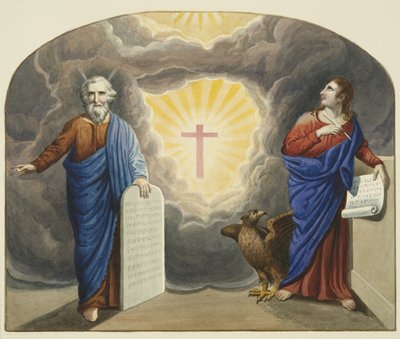 Gebrandschilderd raam boven het altaar van Christ Church, met Mozes en St. Johannes de Evangelist door Joseph Manning