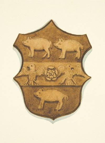Wapens van Paul Bush, uitgehouwen in eikenhout in de bisschopstroon van de kathedraal van Bristol door Joseph Manning