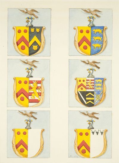 Zes wapenschilden in glas-in-loodramen in noord- en zuidbeuken (oostkant) van de kathedraal van Bristol door Joseph Manning