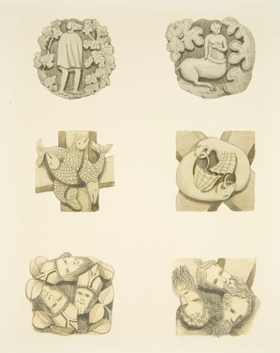 Zes gewelfstenen in het plafond bij het betreden van de noorddeur van de kathedraal van Bristol door Joseph Manning