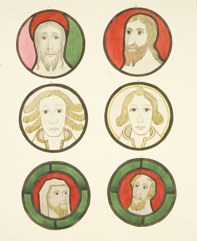 Zes hoofden in glas-in-loodramen noord en zuid van het koor in de kathedraal van Bristol door Joseph Manning