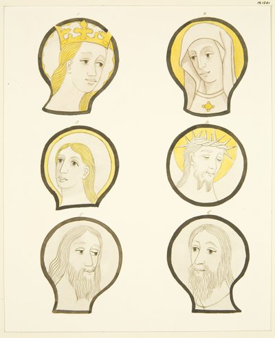 Zes hoofden in glas-in-loodramen ten zuiden van het koor in de kathedraal van Bristol door Joseph Manning