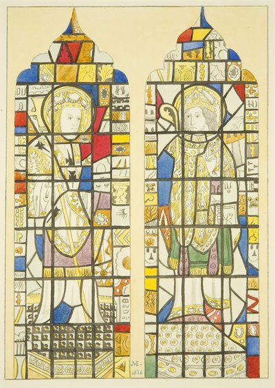 Glas-in-lood in het raam boven het monument van Canynges in St Mary Redcliffe door Joseph Manning