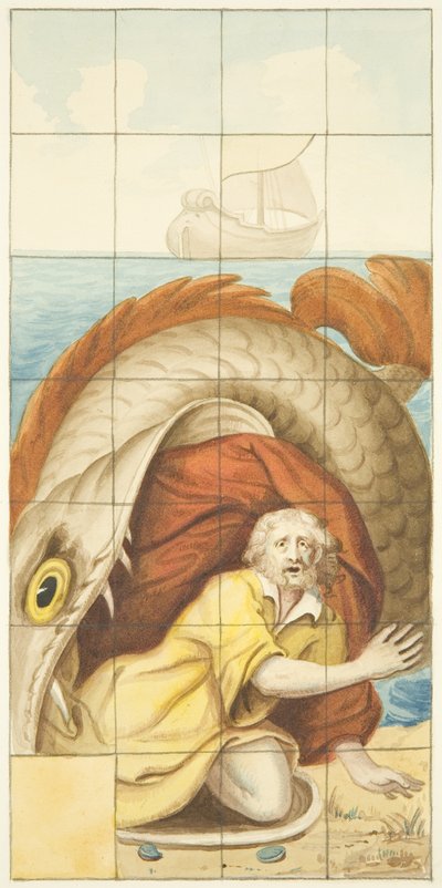 Glas-in-loodraam aan de oostkant van de noordbeuk van de kathedraal van Bristol met Jona en de Walvis door Joseph Manning