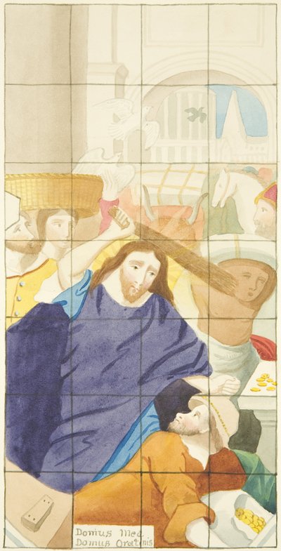 Glas-in-loodraam aan het oostelijke uiteinde van de zuidelijke zijbeuk van de kathedraal van Bristol met kopers en verkopers in de tempel door Joseph Manning
