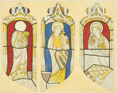 Drie figuren in het oostelijke raam van het noordelijke transept van St Mary Redcliffe door Joseph Manning